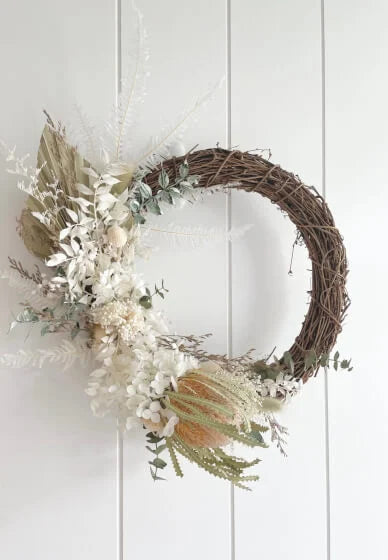 beautiful, white preserved floral wreath