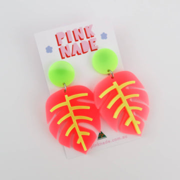 Monstera Leaf Dangle Neon Pink / Neon Green