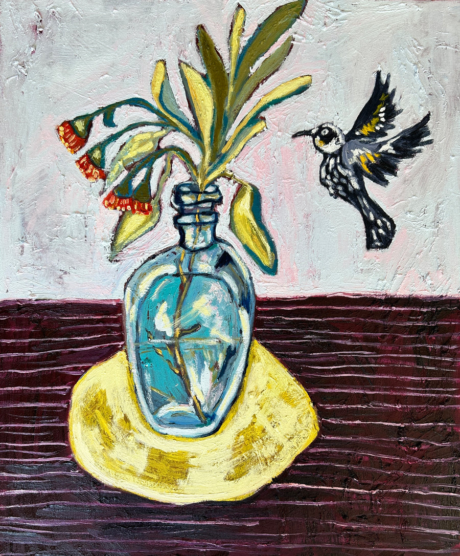 Bree Morrison | Yellow and Black Honeyeater with Antique Bottle