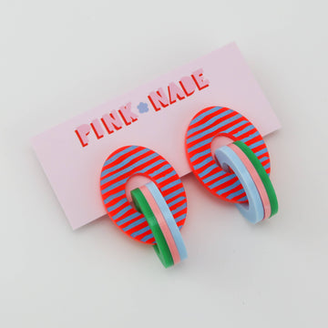 Loopy Neon Red / Blue Stripe Dangle Earrings